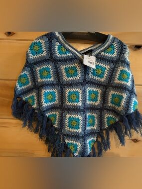 No Boundaries Blue Crochet Fringe Kids Poncho